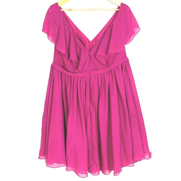 Fuchsia Ruffle-Front Chiffon Bridesmaid Dress V-Neckline Waist Knee-Length New - Picture 3 of 12